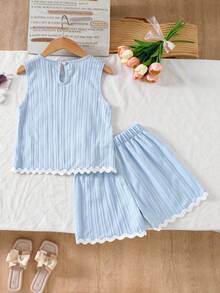 SHEIN Genkimix Kids 女童 2 件組極簡休閒日常穿著 梭織波浪皺褶背心與短褲套裝，適合夏季涼爽穿搭 - 藍色 - 查看 2
