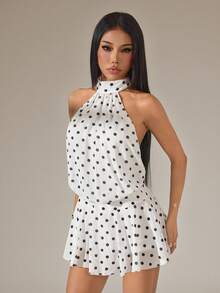 SHEIN PETITE 春夏棕色純色波點露背掛脖優雅不對稱下擺迷你超短辣妹洋裝，音樂節穿搭度假洋裝，適合嬌小女性 - 白色 - 查看 5