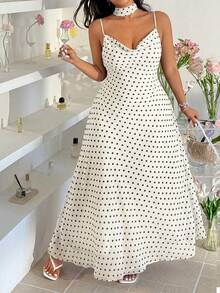 GalTyme Gaun Camisole Wanita Ukuran Plus dengan Motif Polkadot dan Kerah Berkerut - Aprikot - View 9