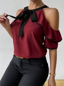 SHEIN Women's Bow Decor Patchwork Ruffle Off-Shoulder Fashion Blouse - Burgundy - View 5