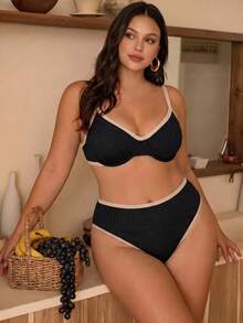 Swim Chiccia Plus Size Colorblock Trim Swimsuit Set - Black - View 5