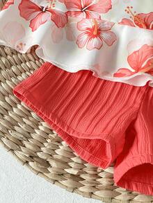 SHEIN Playful Pals 2件組女嬰幼兒/新生兒0-3歲春夏多巴胺熱情色度假外出細肩帶上衣+短褲套裝嬰兒春夏服飾 - 紅色 - View 7