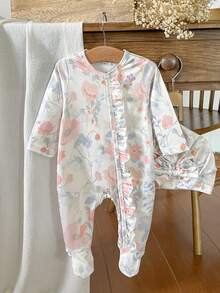 SHEIN Vintaside Kids 秋冬新生兒蝴蝶結復古花卉印花可愛嬰兒連身衣+帽子 - 淺粉色 - 查看 4