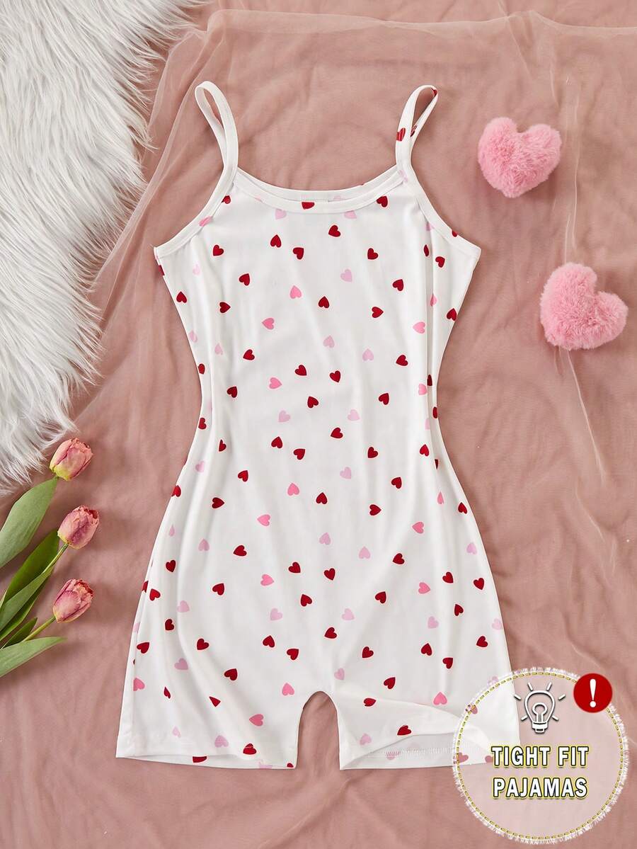 Teen Girls Fitted Spaghetti Strap Jumpsuit With Dark And Light Heart Pattern, Soft And Comfortable Fabric, Cute And Playful Home Wear For Girls, Best Gift For Girls - Multicolor - View 1