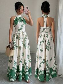 Rafferiza Abito elegante da donna stile vacanza con scollo all'americana, stampa di foglie di palma color albicocca, senza maniche, schiena scoperta, con laccio, abito lungo estivo, abito da spiaggia per vacanze - Verde Scuro - Visualizzare 1