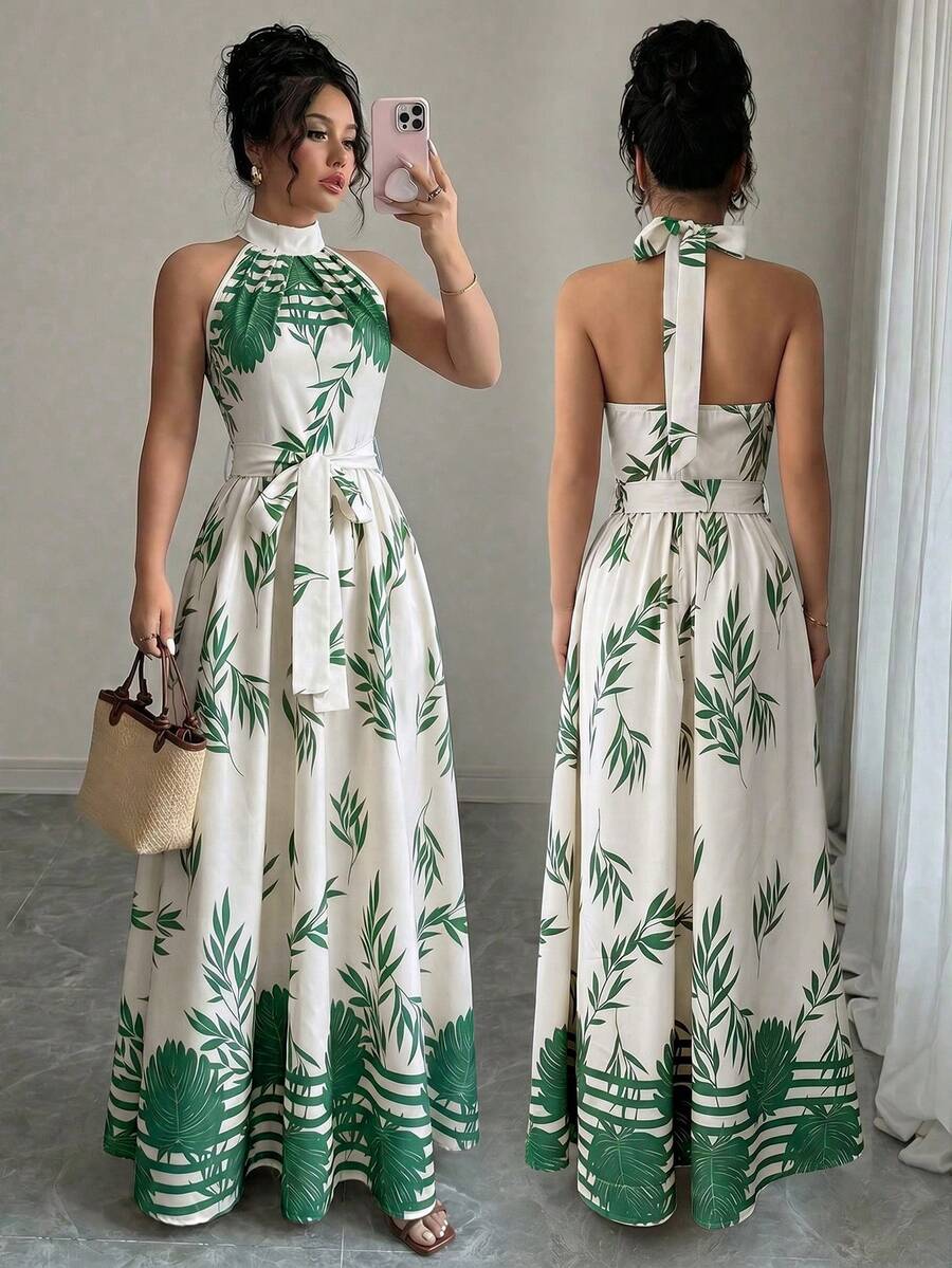 Rafferiza Abito elegante da donna stile vacanza con scollo all'americana, stampa di foglie di palma color albicocca, senza maniche, schiena scoperta, con laccio, abito lungo estivo, abito da spiaggia per vacanze - Verde Scuro - Visualizzare 1