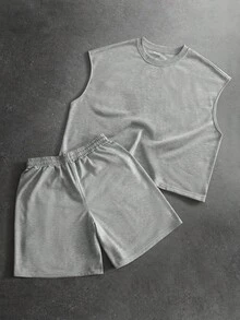 PAVTROS Men's Street Fashion Sleeveless Top & Shorts Set Two Piece Shorts Outfit 2 Piece Short Set Grey Two Piece Set Graphic Short Set Grey Short Set, Holiday - Grey - View 3