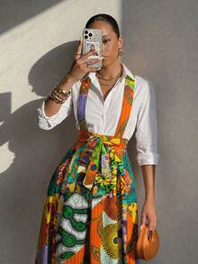 Elenzga Falda con tirantes y estampado floral de moda - Naranja Quemada - Ver 3