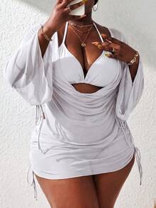 Slaydiva Plus Size 4-Piece Bikini Swimsuit With Cover-Up - White - View 1