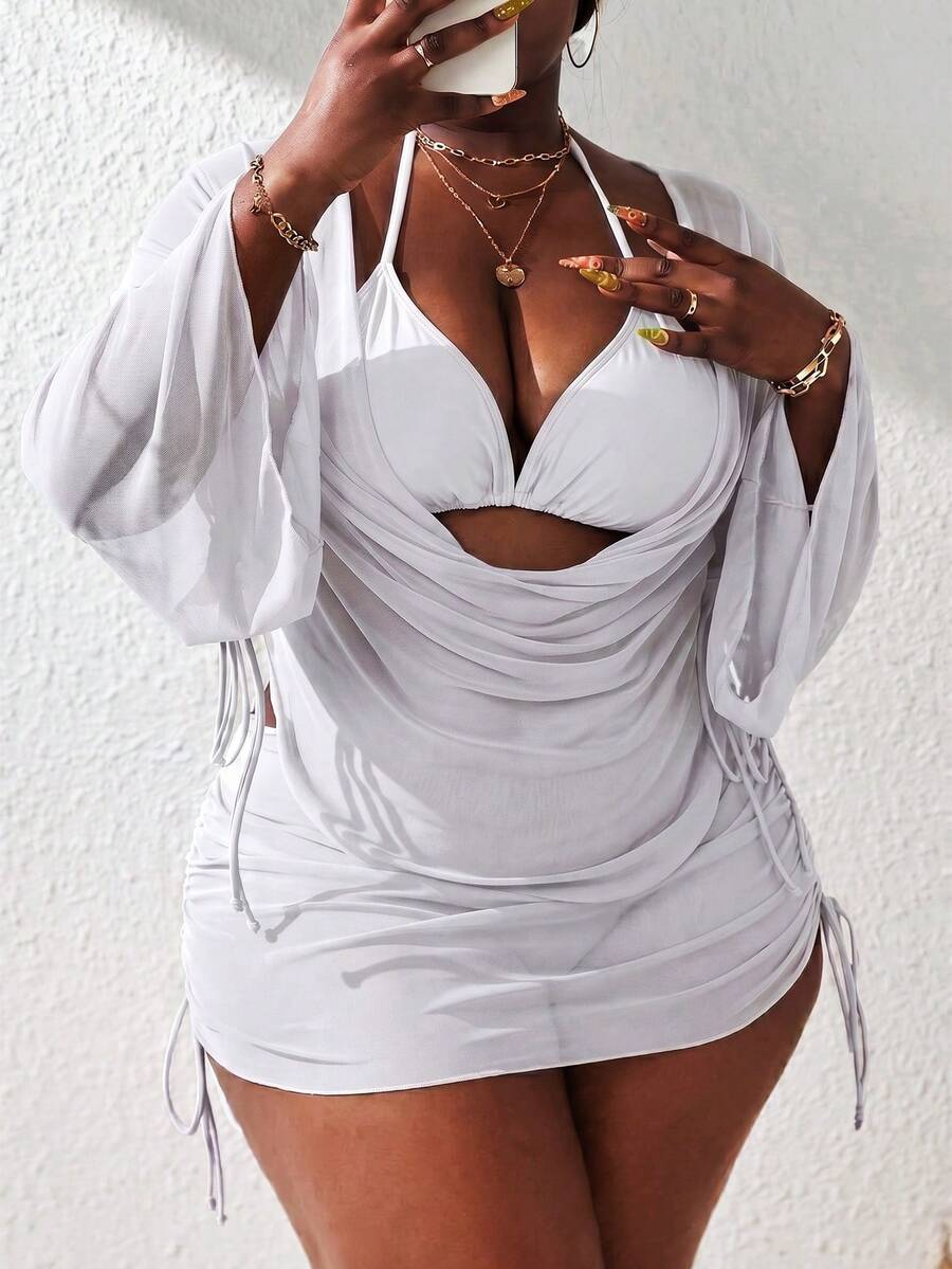 Slaydiva Plus Size 4-Piece Bikini Swimsuit With Cover-Up - White - View 1