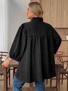 SHEIN CURVE+ 母親節休閒大尺碼印花燈籠袖純色紋理黑色上衣，2026年秋季 22W - 黑色 - 查看 3