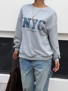 Modelyn Sweatshirt Wanita Kasual Minimalis dengan Motif Cetak, Kerah Bulat, Lengan Panjang, Potongan Longgar - Light Grey - View 4