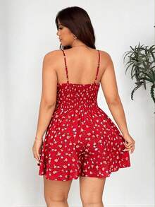 Sunnyshic Plus-Size Sexy Off-Shoulder Resort Jumpsuit With Ditsy Floral - Red - View 7
