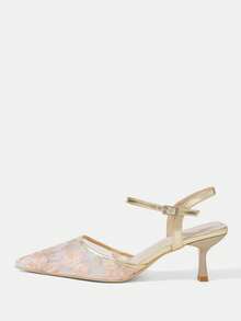 CUCCOO HITCHD Women Shoes Pink Gold Embroidered Mesh Pointed Kitten Heels, Empty Strap Temperament Bridesmaid Banquet Shoes - Pink - View 7