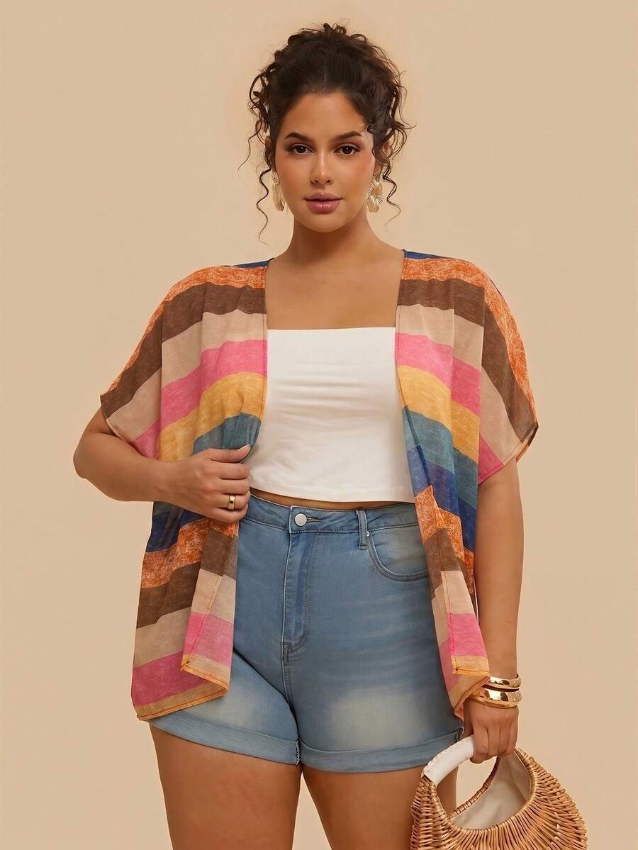 SHEIN VCAY Plus Size Women's Striped Colorblock Casual Vacation Travel Kimono Cardigan