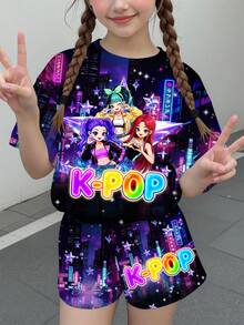 青少年女孩休閒 Y2K 卡通女團印花演唱會短袖 T 恤與短褲 2 件套，適合夏季度假，全黑 - 彩色 - 查看 2