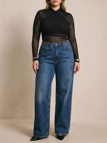 Levarali Plus Size Women's Mesh Stand Collar Fitted Versatile Daily Club Date Night Rave Concert Outing Long Sleeve Bodysuit Black Summer Sexy Halloween - Black - View 8
