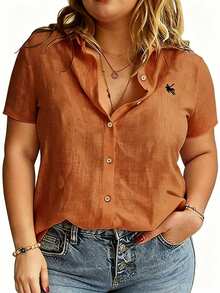 Linhara CURVE Large-Sized Woven Embroidered Casual Summer Shirt For Vacation - Orange - View 4