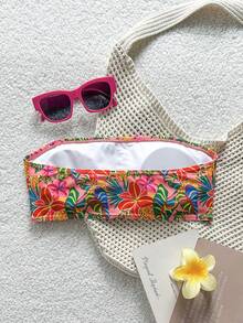 Swim Vcay 女款夏季花卉隨機印花抹胸式泳衣上衣，適合海灘度假 - 彩色 - 查看 2