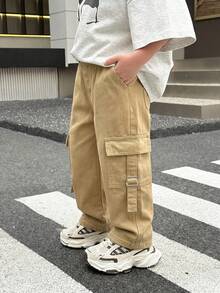 SHEIN Kids Young Boy Casual Straight Leg Cargo Jeans - Khaki - View 5