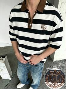 Manfinity Dauomo 休閒時尚男士刺繡鈕扣半開襟條紋T恤 - 黑與白 - 查看 4