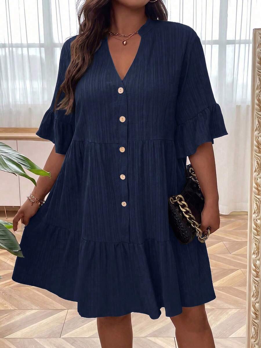 Linhara CURVE Plus Size Solid Color Notch Neckline Casual Vacation Dress - Navy Blue - View 1