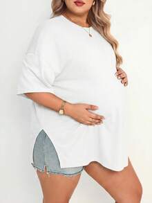Plussiva Plus Size Maternity Solid Color Round Neck Short Sleeve Side Slit Hem Top - White - View 3