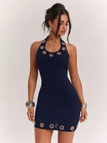 SHEIN BAE Women's Casual Sexy Versatile Street Fashion Metal Eyelet Decor All-Match Cami Mini Dress Club Night Navy Blue Summer Going Out Night Out - Navy Blue - View 6