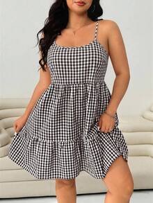 Solflare Gaun Camisole Wanita Ukuran Plus Motif Kotak-kotak Prancis Manis dengan Hem Berumbai - Coklat - View 6