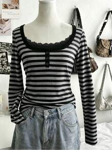 Tween Girl Sweet & Cool Style Striped Long Sleeve T-Shirt, Classic Black & Gray Stripes, Stretchy, Crewneck, Bell, Ruched, Knit - Grey - View 1