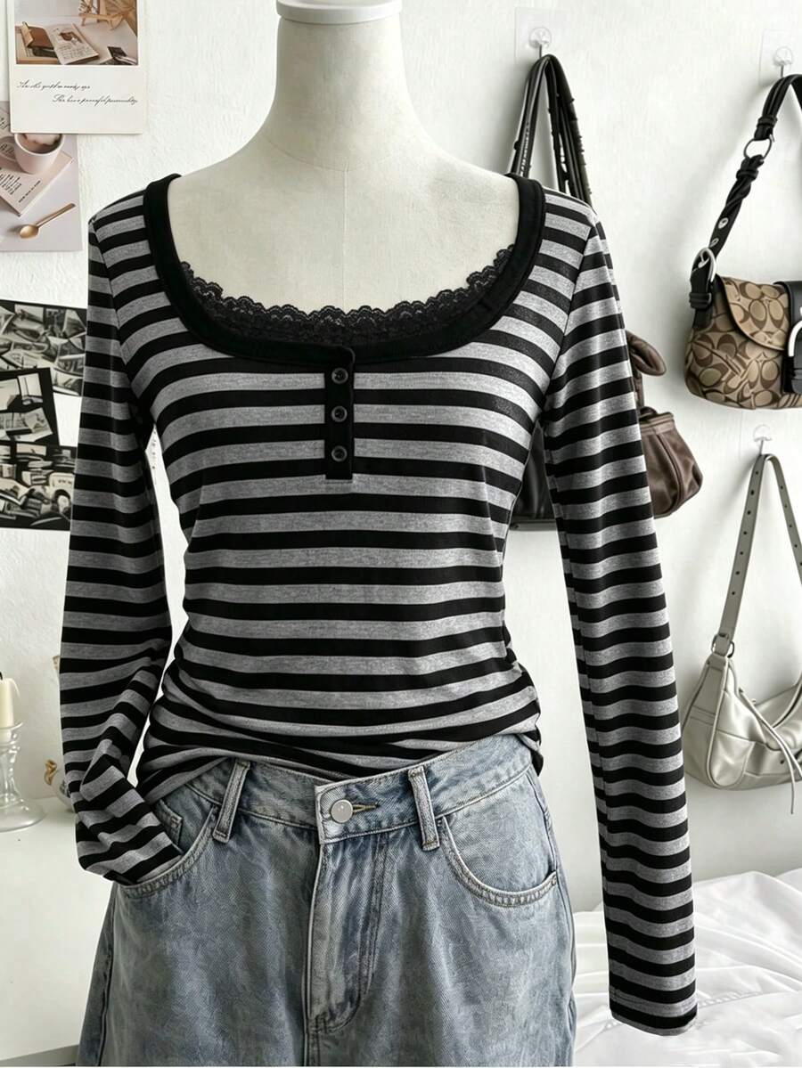 Tween Girl Sweet & Cool Style Striped Long Sleeve T-Shirt, Classic Black & Gray Stripes, Stretchy, Crewneck, Bell, Ruched, Knit - Grey - View 1