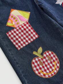 Sweetness Handmade Girls Apple Embroidery Button Decor Low Waist Denim Shorts Women's Jeans - Medium Wash - View 5