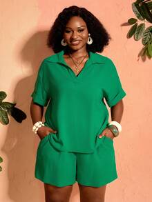 BrightlyHer Plus Size Summer Casual Solid Color Shirt Shorts 2 Pieces Set For Women Vacation Outfits Beach Green - Green - View 6
