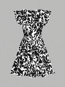SHEIN Clasi 女款度假圓領荷葉邊袖口收腰A字洋裝 - 黑與白 - 查看 4