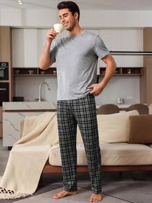 SHEIN Provexi 男士純色短袖上衣與格紋長褲居家休閒套裝 - 淺灰色 - 查看 6