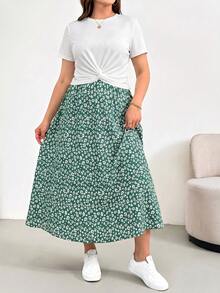 SHEIN Essnce Conjunto de dos piezas de verano para mujer talla grande, conjunto de manga corta, conjunto de falda estampada de dos piezas, conjunto casual y cómodo para mujer talla grande, ropa de mujer estampada, conjuntos de verano para mujer, conjuntos de descanso para mujer, conjunto de dos piezas para vacaciones, conjunto de verano de 2 piezas, conjuntos de verano para mujer - Verde Oscuro - Ver 6