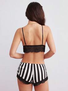 Elorette Sujetador de encaje con flores y shorts a rayas, lencería - Blanco y Negro - Ver 2