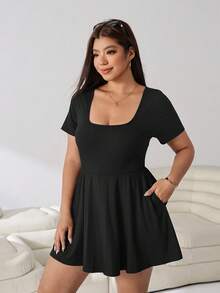 Solflare Plus Size Summer Casual Solid Color Short Sleeve Romper - Black - View 2