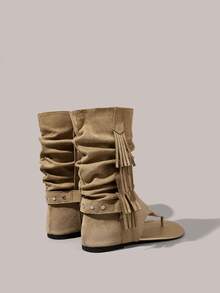 Styleloop Ladies, Fringed Spikes, Flat Cool Boots - Khaki - View 8