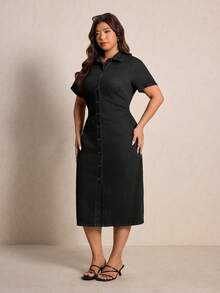 Elaquor Plus Size Women's Short Sleeve Single-Breasted Casual Denim Dress - Black - View 5