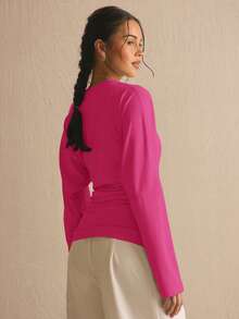 MUSERA Top de manga larga con cintura fruncida y mangas de murciélago, estilo cottage core, lindo y acogedor, para primavera y verano, conjunto Spring Dew - Rosa Fucsia - Ver 5