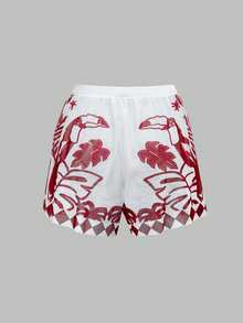 Swim Oasis 女款熱帶植物印花拼色連身泳衣與短褲套裝，適合度假海灘 - 酒紅色 - 查看 8