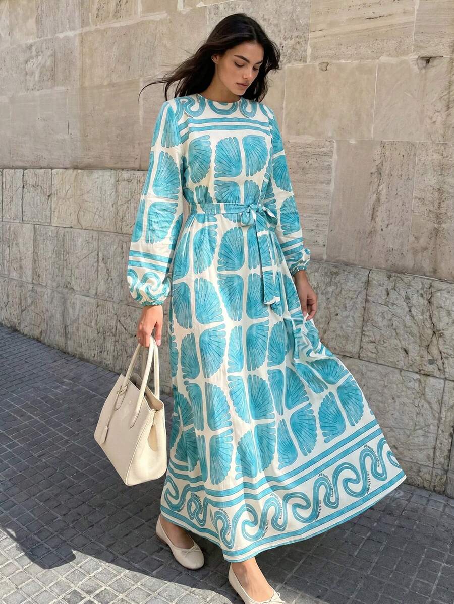 Women's Abstract Motif Print Long Sleeve Long Dress - Mint Green - View 1