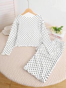 SHEIN 少女波點印花甜美對比色緞帶 3D 蝴蝶結 V 領半開襟波浪邊長袖居家休閒睡衣套裝 2 件組 黑白波點 - 黑與白 - 查看 3