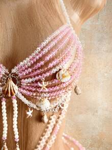 Mistrie Women's Summer Beach Beaded Shell Crystal Halter Bikini Top And Skirt Decoration Set - Pink - View 5