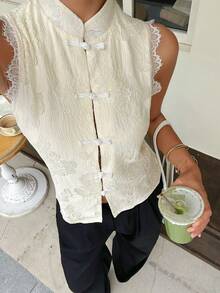 Serisse Women's Elegant 70s French Blouse With Frog Button Design And Contrast Lace, Beige Stand Collar Chinese Style Sleeveless Shirt, High Tea Party Summer - Beige - View 6