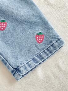SHEIN Vintaside Kids 1件女嬰淺藍色牛仔連身褲 夏季休閒度假款 刺繡草莓肩帶吊帶褲 可愛嬰兒連身衣 水果造型 外出穿搭 - 藍色 - 查看 8