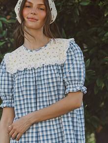 WESTFADE Vestido mini babydoll con mangas cortas abullonadas, volantes escalonados, estampado floral y a cuadros , estilo campestre para mujer, verano, vacaciones, casual, estilo campestre - Azul - Ver 2