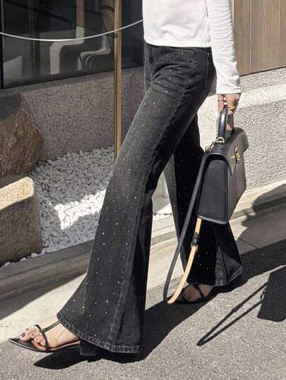 Livesso Petite Quần jeans ống loe nữ cài cúc có túi, phong cách thường ngày đa năng