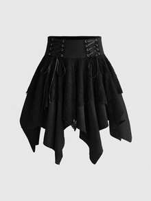 ROMWE Women's Waist Corn Contrast Lace Asymmetric Hem Lace-Up Mini Skirt Bar Party Night Out Black Summer Goth Punk - Black - View 1
